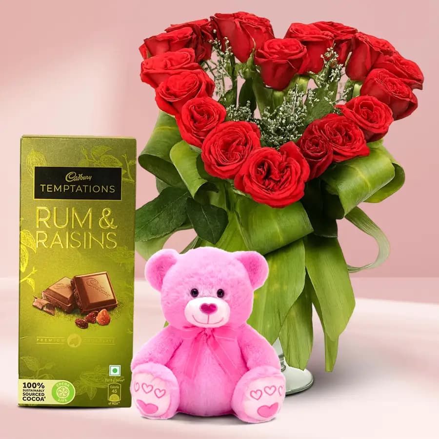 Tempting Heart Shape Arrangement of Red Roses Cadbury Temptation n Cute Teddy