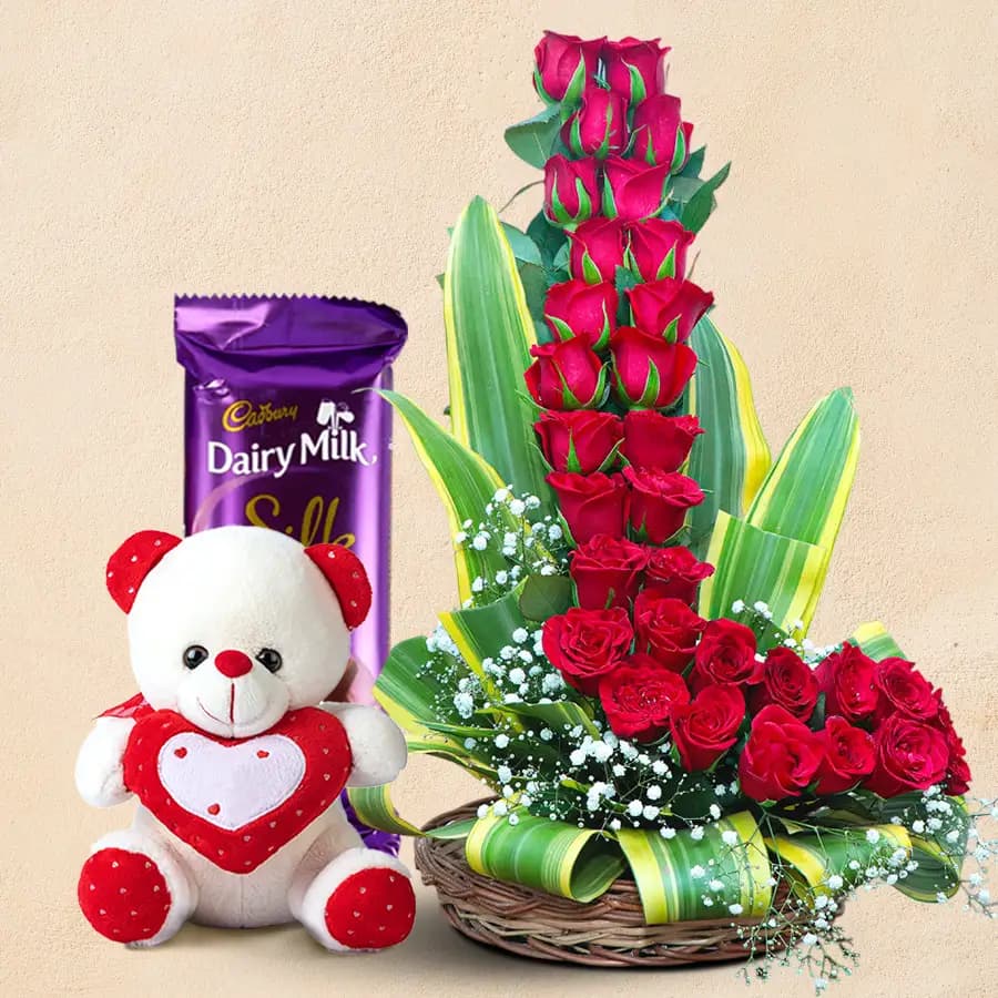 Spectacular Red Roses Arrangement with Cute Teddy n Cadbury Chocolate