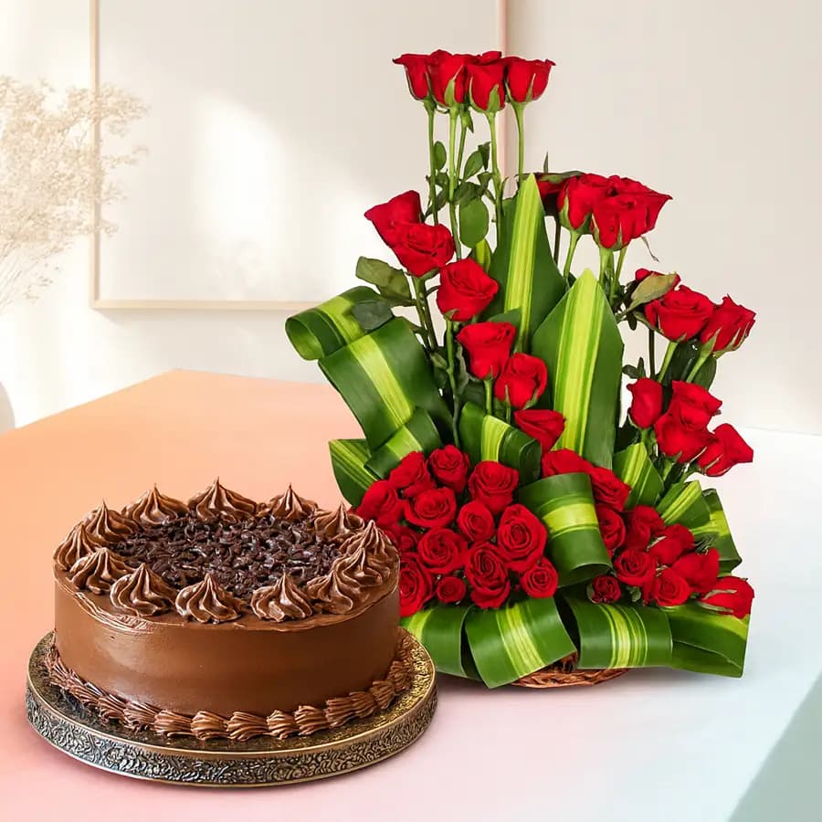 Magnificent Red Roses Arrangement with Chocolate Truffle Cake