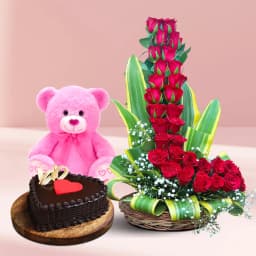 Superb Arrangement of Red Roses Heart Shape Chocolate Cake n Love Teddy 1