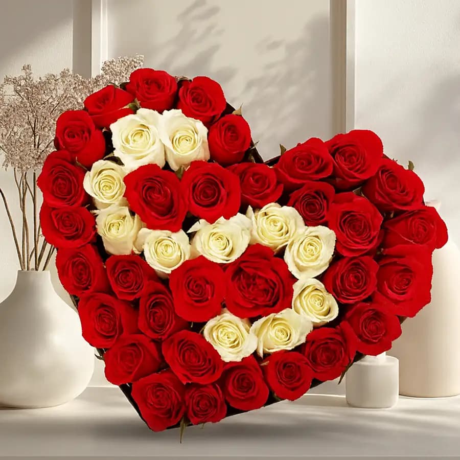 Hypnotic Beauty Red N White Roses Heart Shape Arrangement