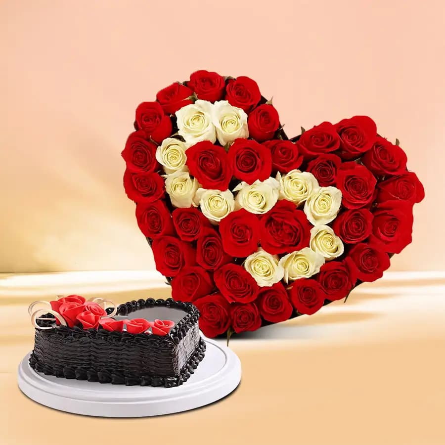 Gorgeous Heart Shape Arrangement of Red and White Roses with Love Chocolate Cake