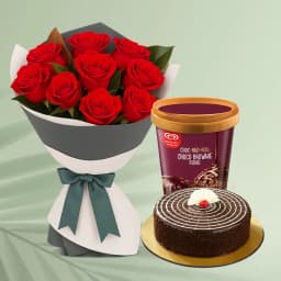 Special Combo of Kwality Walls Choco Brownie Ice Cream n Rose Bouquet with Chocolate Cake 1