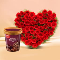 Impressive 50 Rose Love Bouquet with Kwality Walls Brownie Fudge Ice Cream Tub 1