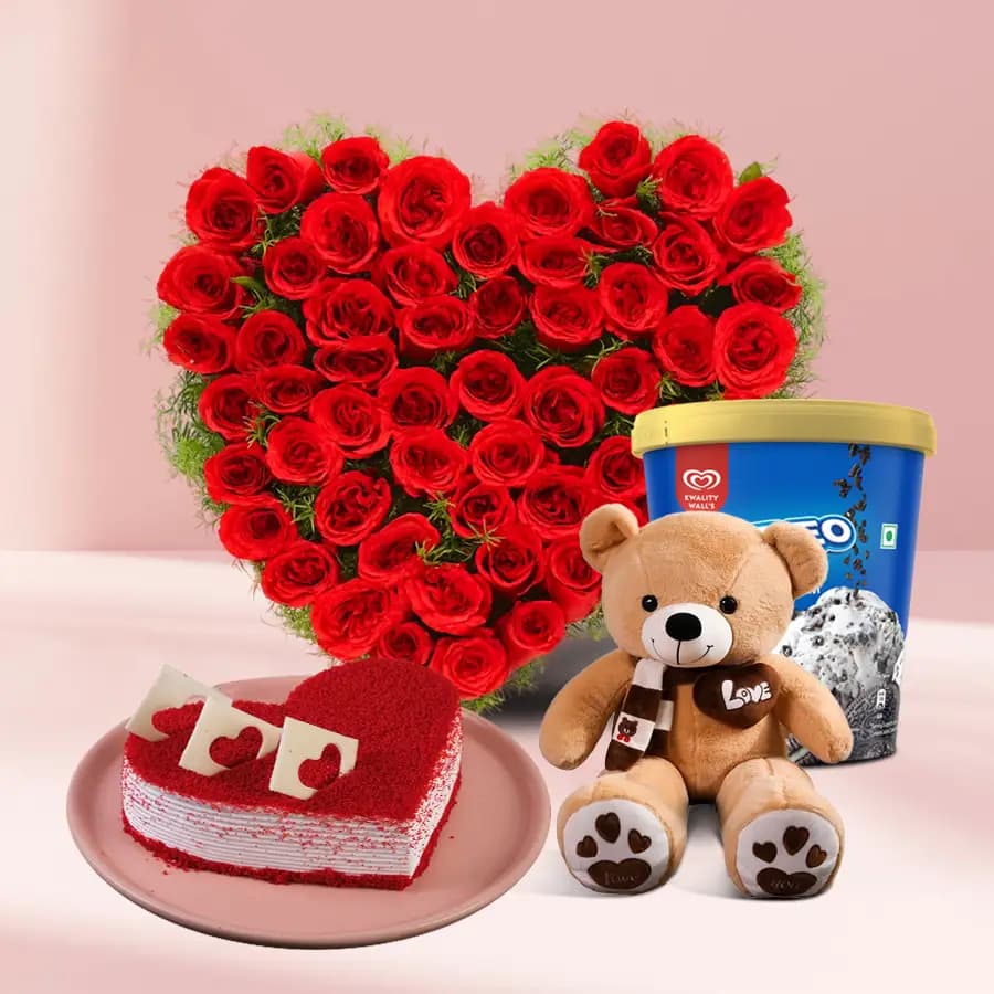 Magnificent Roses with Kwality Walls Oreo Ice Cream Teddy n Love Cake