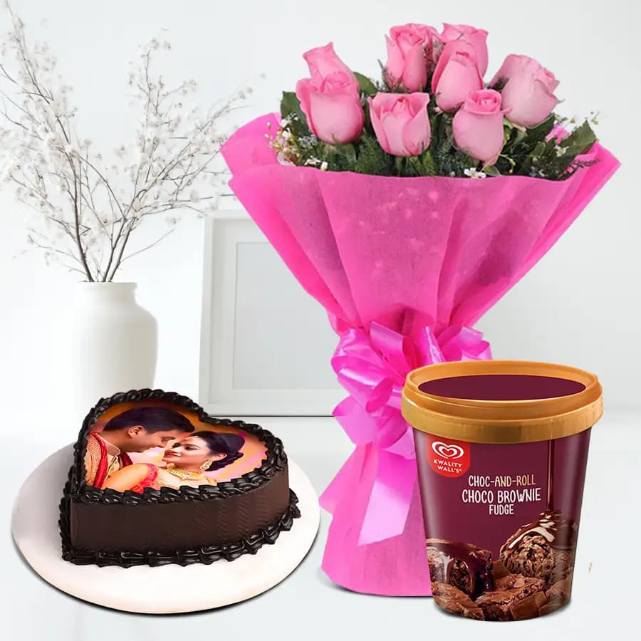 Lovely Pink Roses with Kwality Walls Choco Brownie Ice Cream n Love Photo Cake