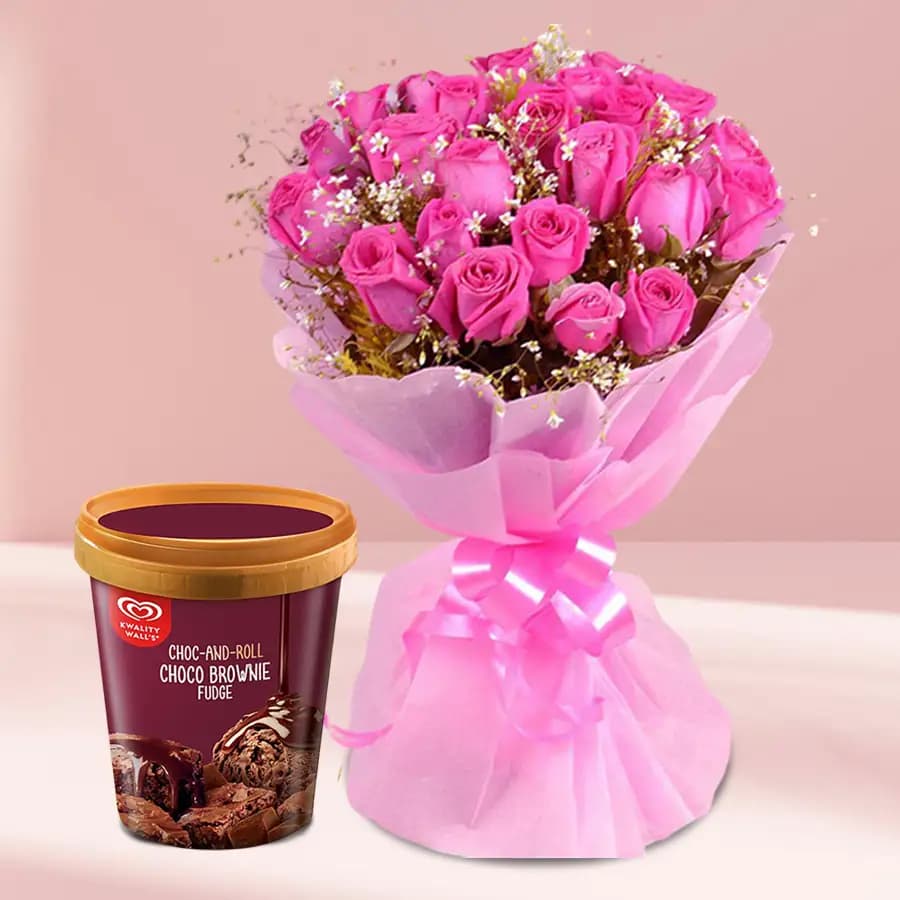 Excellent Pink Rose Bouquet with Kwality Walls Choco Fudge Ice Cream Tub