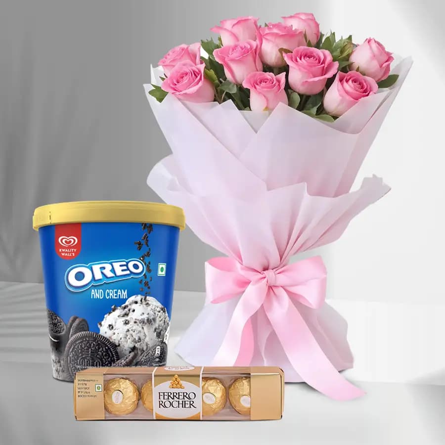 Rendering Love Roses Bouquet with Kwality Walls Oreo Ice Cream and Ferrero Rocher