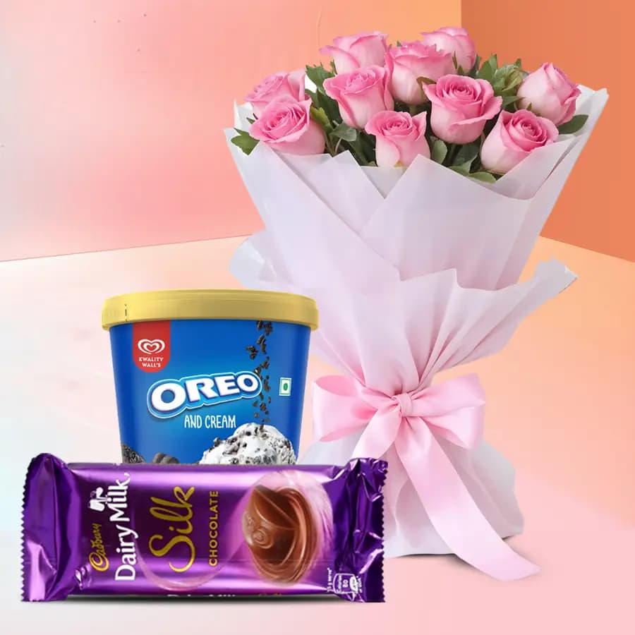 Splendid Combo of Roses with Kwality Walls Oreo Ice Cream N Cadbury Dairy Milk