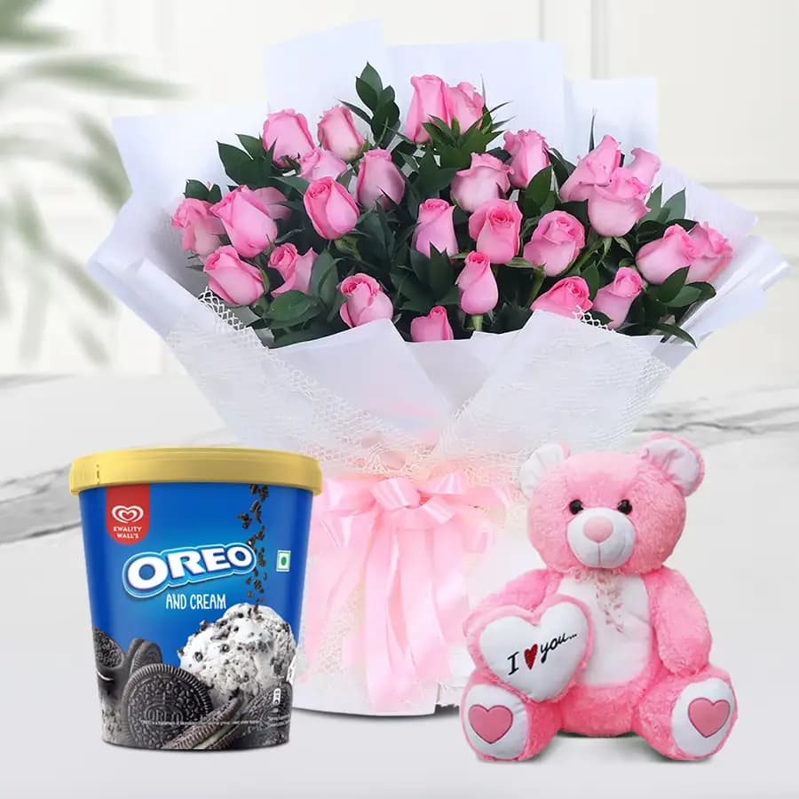 Splendid Rose Bouquet with Kwality Walls Oreo Ice Cream N Teddy