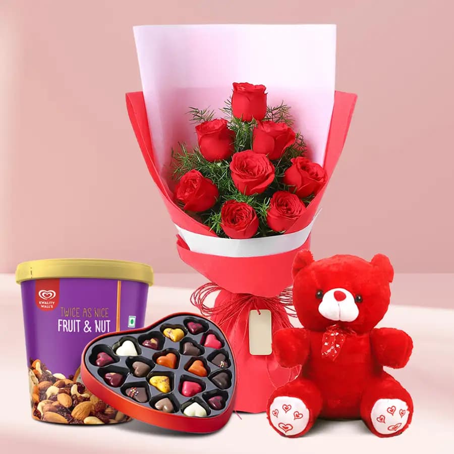 Lovely Roses with Kwality Walls Fruit n Nut Ice Cream Teddy n Handmade Love Chocolate