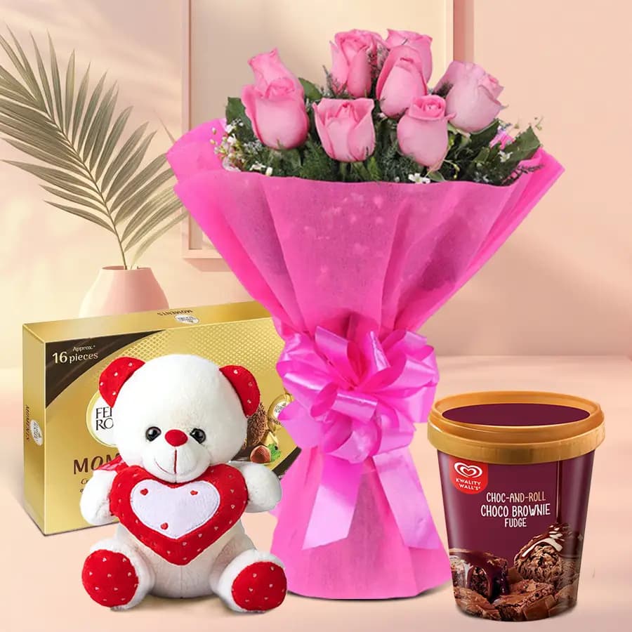 Lovely Pink Roses n Kwality Walls Choco Fudge Ice Cream with Ferrero Moments N Teddy