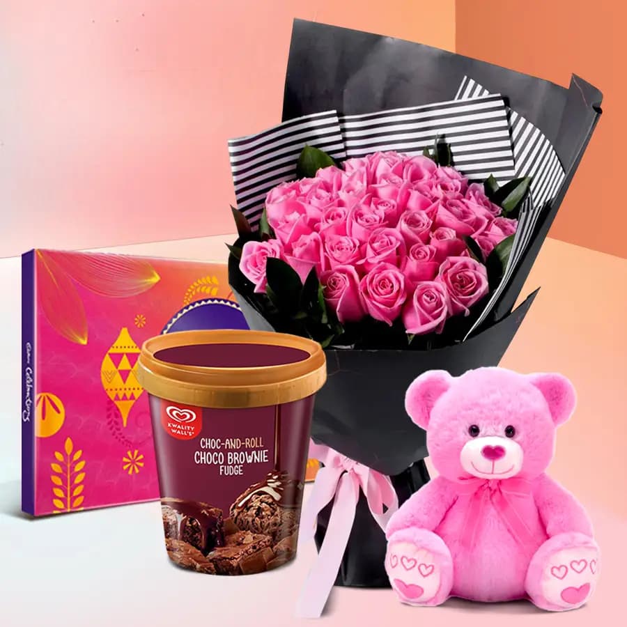 Charming Roses with Kwality Walls Choco Brownie Ice Cream Cadbury Celebration N Teddy