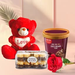 Yummy Ferrero Rocher Kwality Walls Choco Brownie Ice Cream with Teddy n Single Rose 1