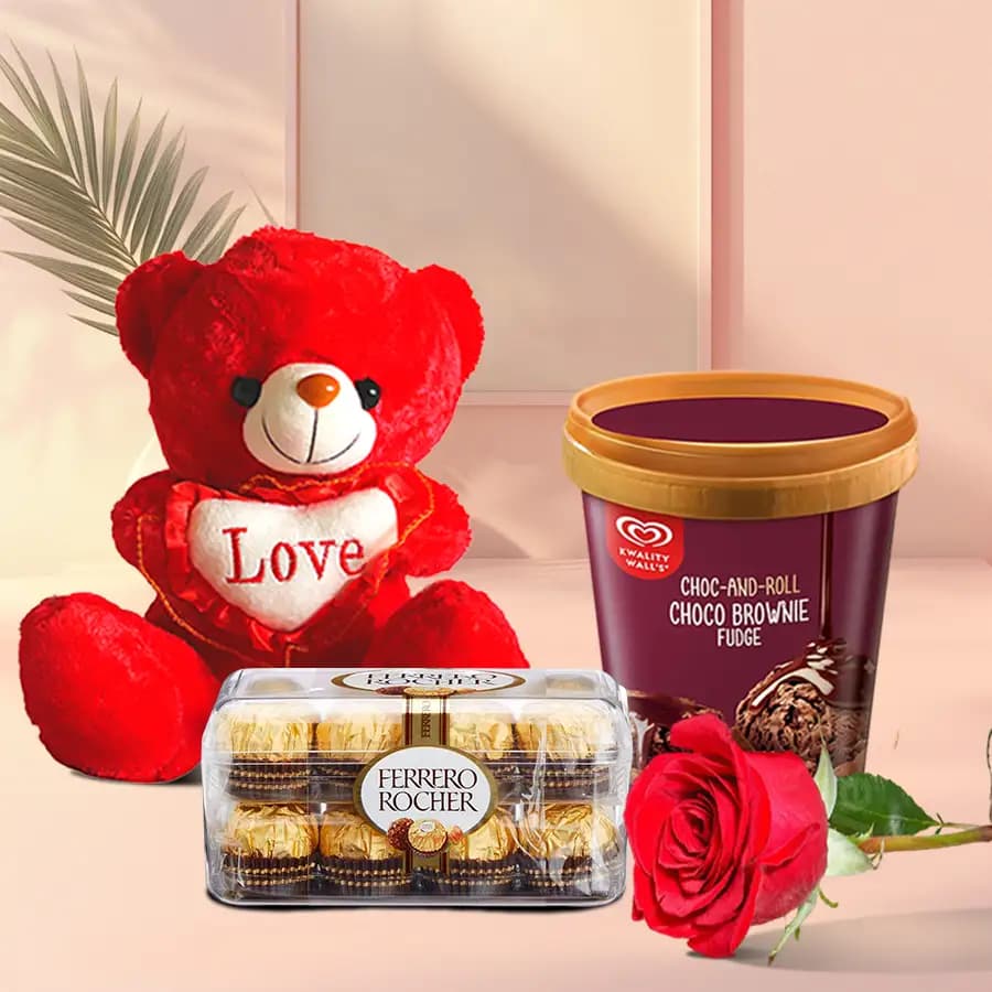 Yummy Ferrero Rocher Kwality Walls Choco Brownie Ice Cream with Teddy n Single Rose