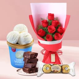 Enigmatic Roses with Kwality Walls Vanilla Ice Cream Brownie n Ferrero Rocher 1