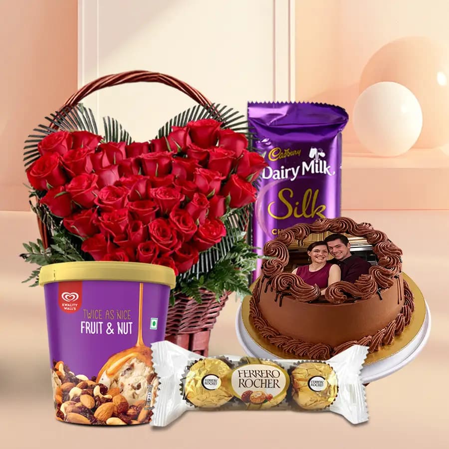 Hearty Roses with Kwality Walls Ice Cream Photo Cake Ferrero Rocher n Cadbury Silk