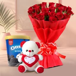 Splendid Roses Hand Bouquet with Kwality Walls Oreo Ice Cream N Teddy 1