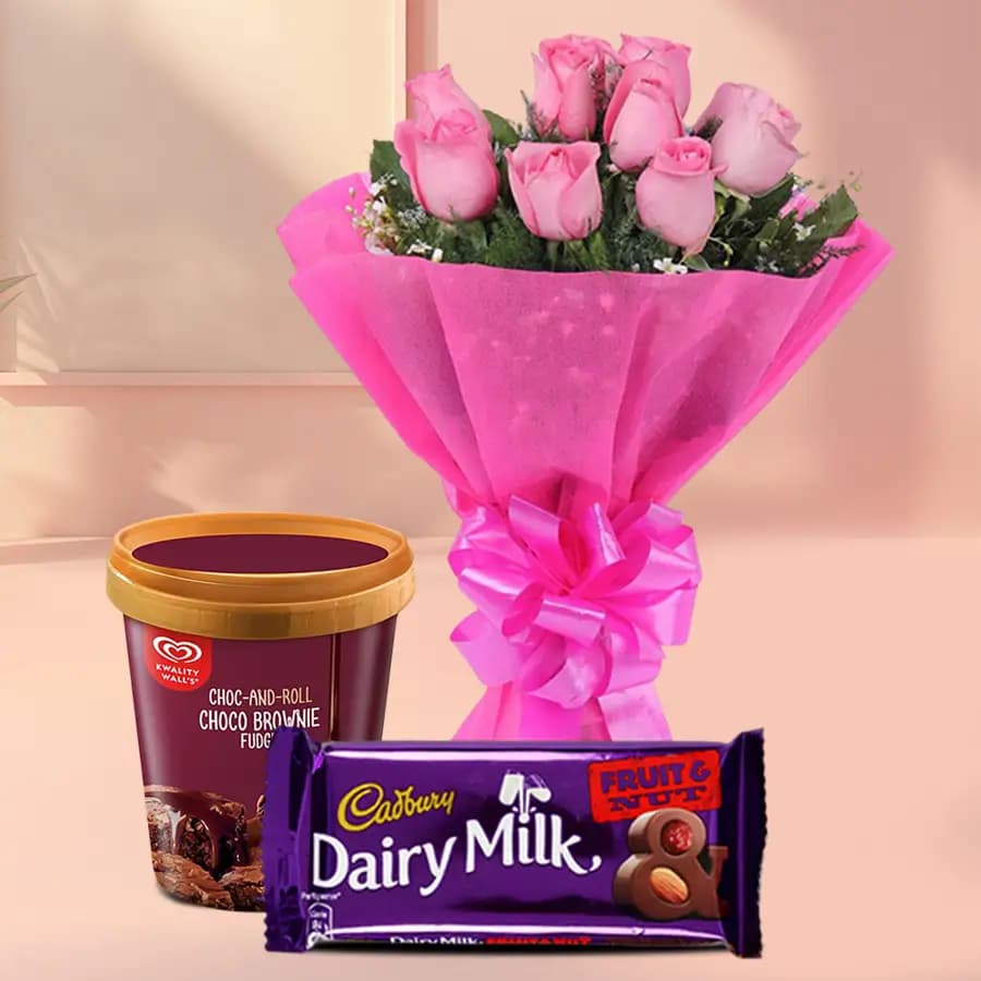 Enigmatic Rose with Kwality Walls Choco Brownie Ice Cream n Cadbury Dairy Milk