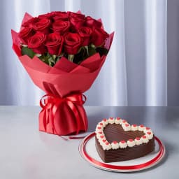 Pristine Bouquet of Red Roses in Tissue Wrap with Love Chocolate Cake 1
