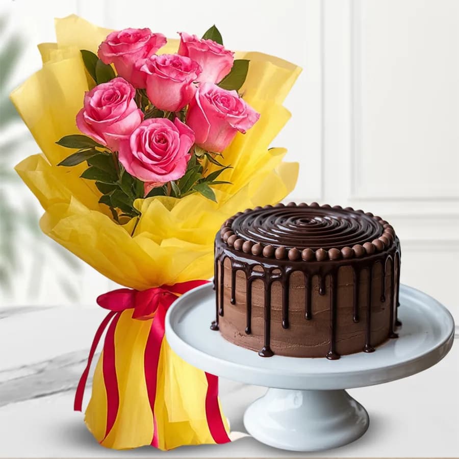 Clad in Pink Roses Bouquet n Chocolate Cake Combo