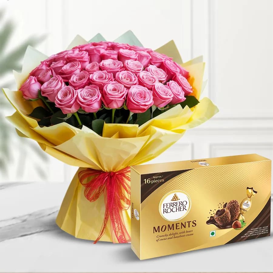 Poetic Pink Roses Bouquet n Ferrero Rocher Moments Combo
