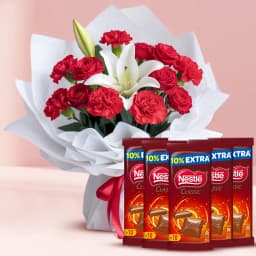 Lovely Red N White Flowers Bouquet with Nestle Chocolates 1