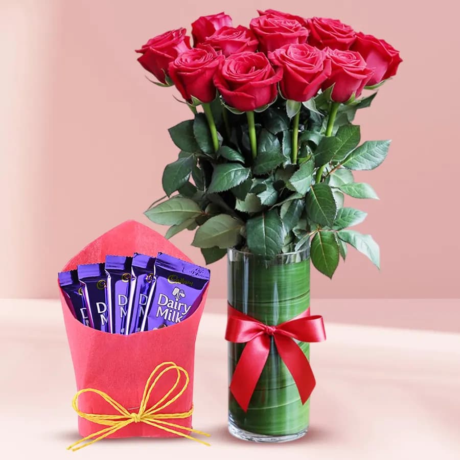 Expressive Love Red Roses in Glass Vase with Cadbury Dairy Milk