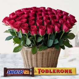 Alluring Red Roses Arrangement with Snickers n Toblerone 1