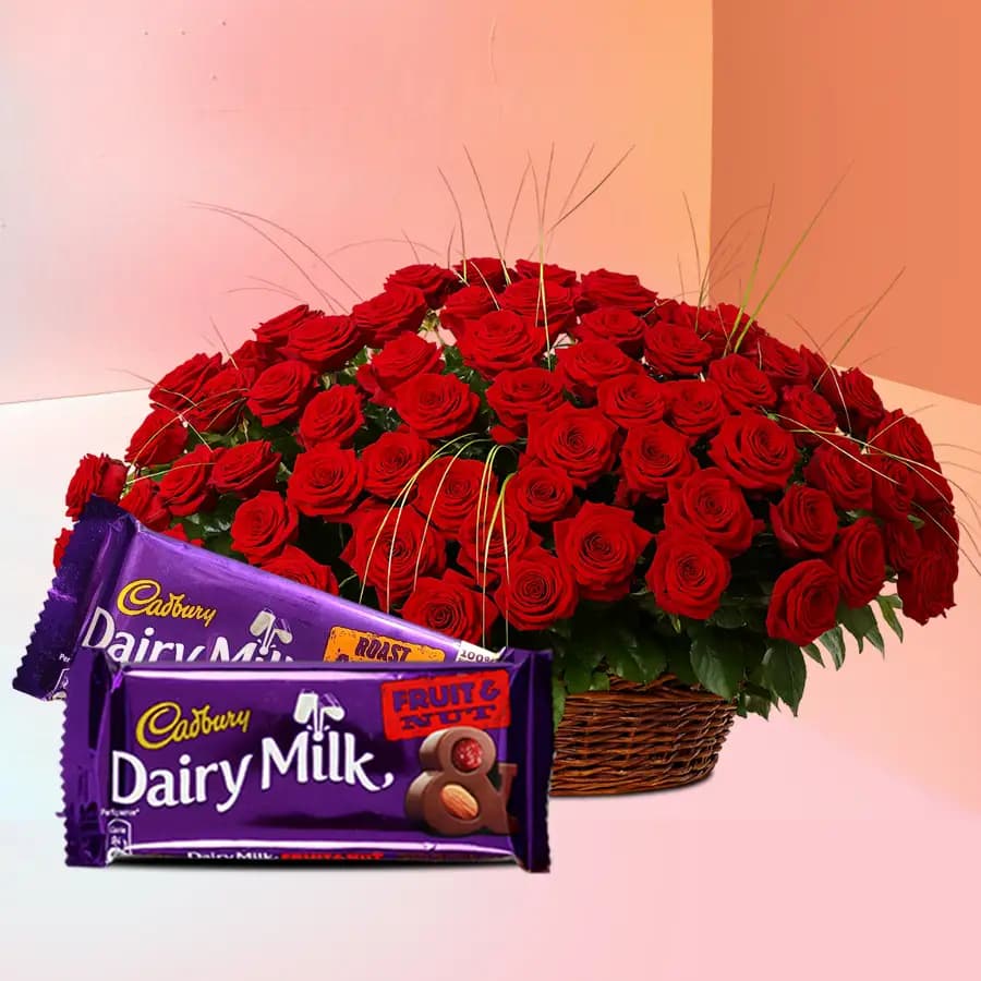 Alluring Gift of 50 Red Roses Basket with Cadbury Dairy Milk Silk