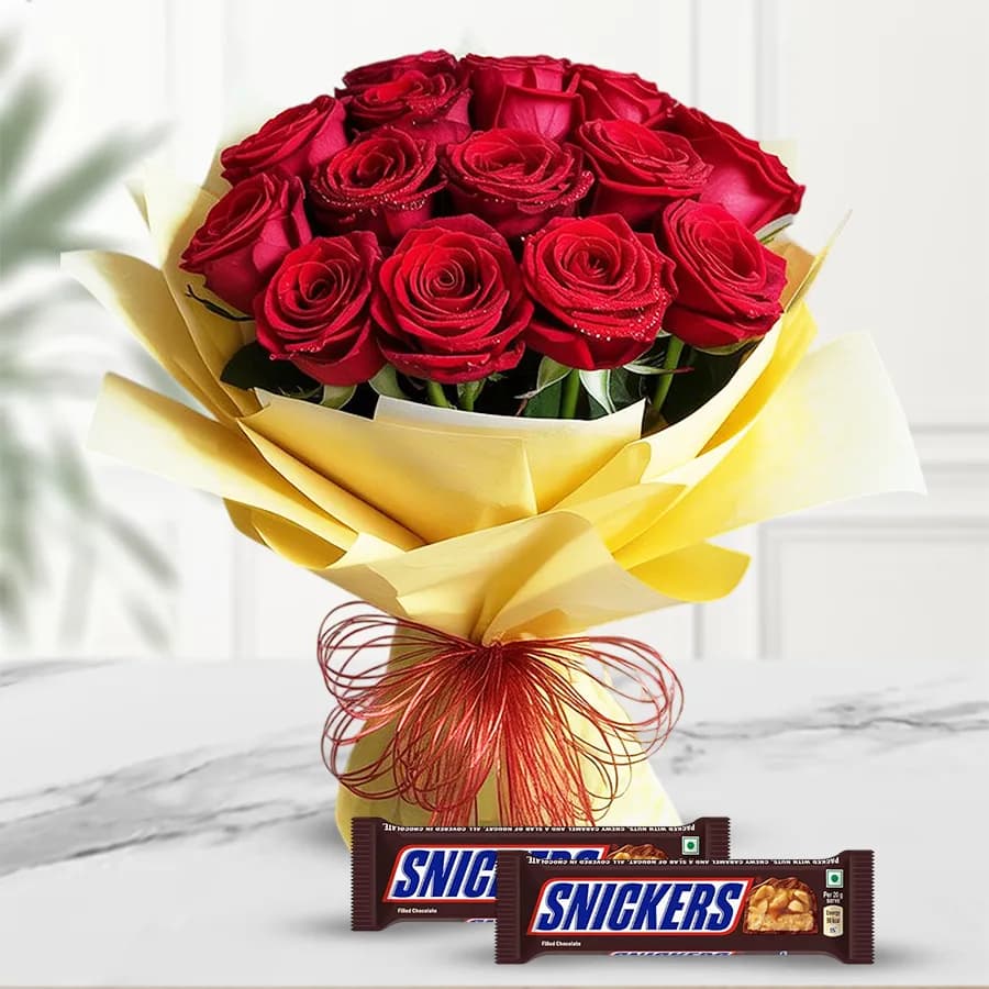 Wrapped with Love Red Roses with Snickers Chocolate