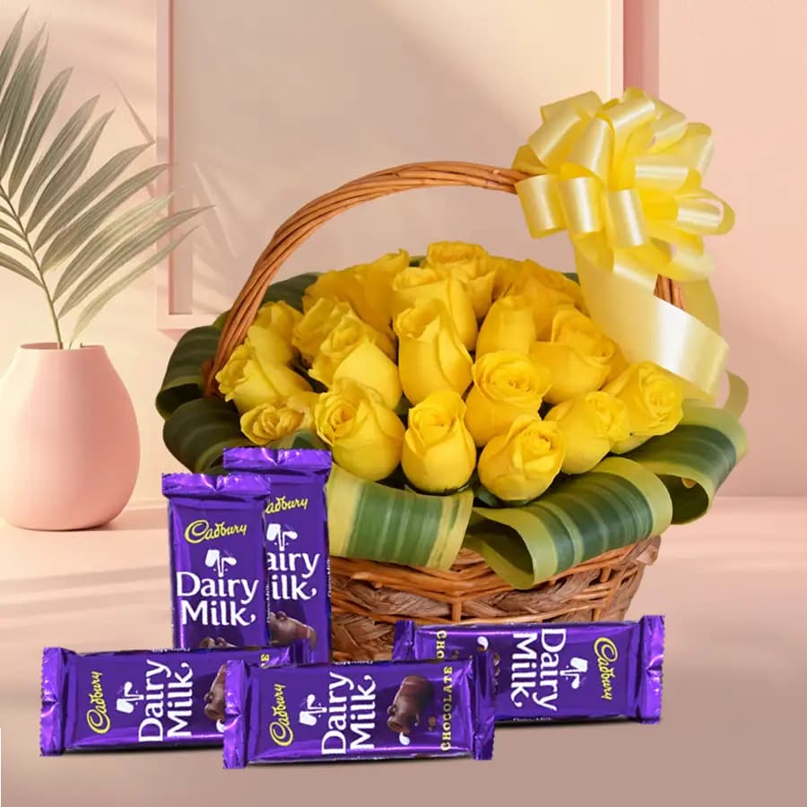 Impressive Dispaly of Pink Roses In Wooden Base with Cadbury Dairy Milk