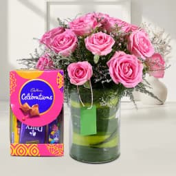 Swirly Pink Roses in Glass Vase n Cadbury Celebrations 1