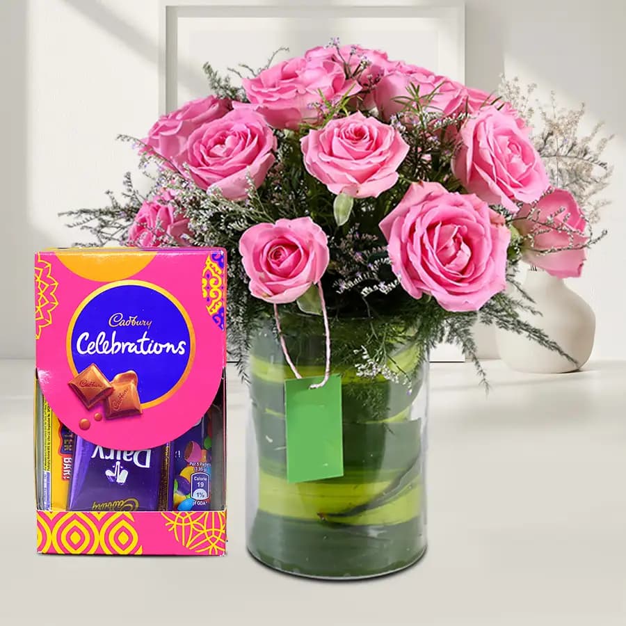 Swirly Pink Roses in Glass Vase n Cadbury Celebrations