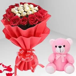 Stunning Red Roses N Ferrero Rocher Bouquet with Cute Teddy 1