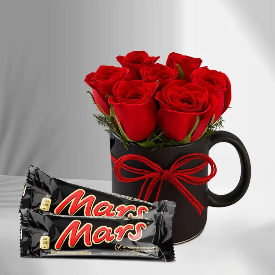 Love Filled Mug of Red Roses n Mars Chocolate