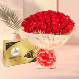 Majestic Bouquet of 50 Red Roses with Ferrero Moments 1