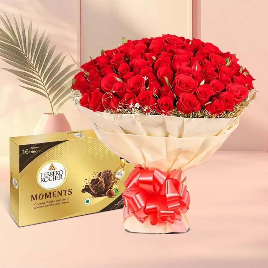 Majestic Bouquet of 50 Red Roses with Ferrero Moments