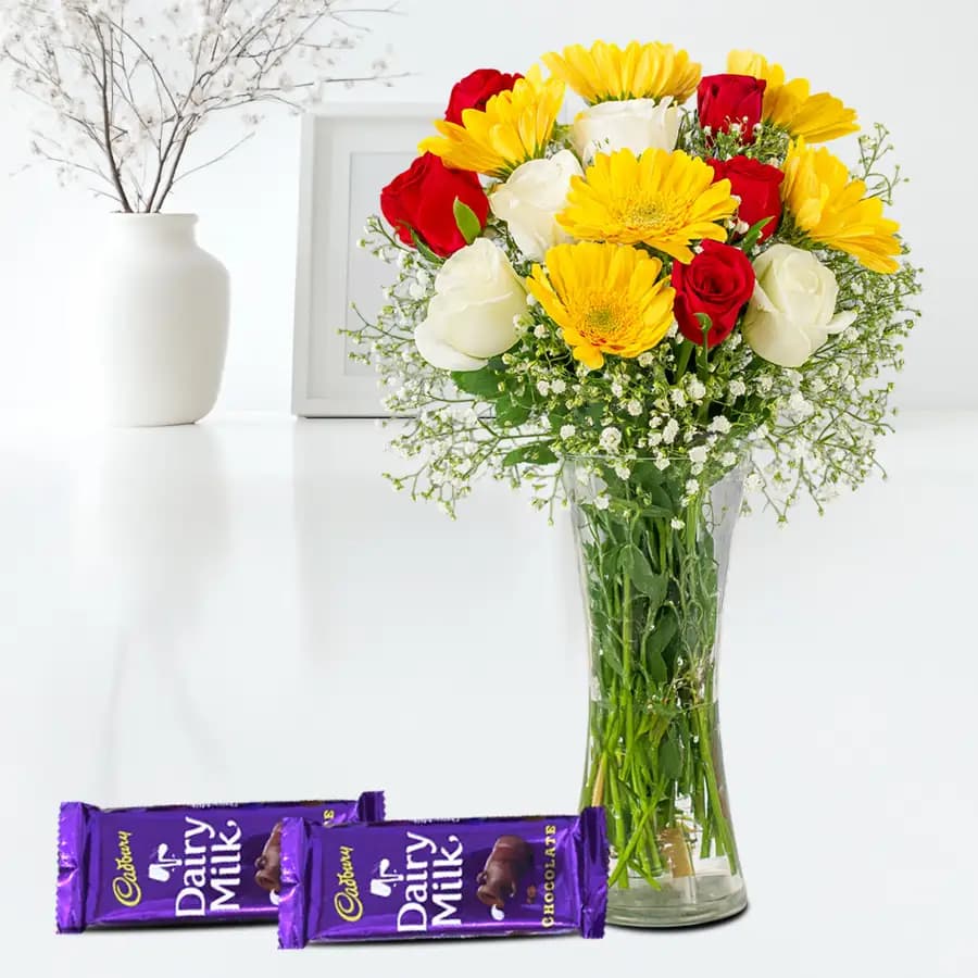 Scintillating Floral Mix Vase n Cadbury Dairy Milk Gift Combo