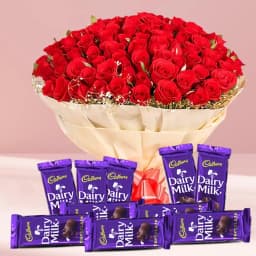 Scarlet 50 Red Roses Bouquet with Cadbury Dairy Milk Bar 1