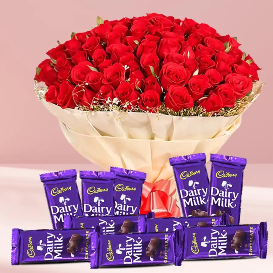 Scarlet 50 Red Roses Bouquet with Cadbury Dairy Milk Bar