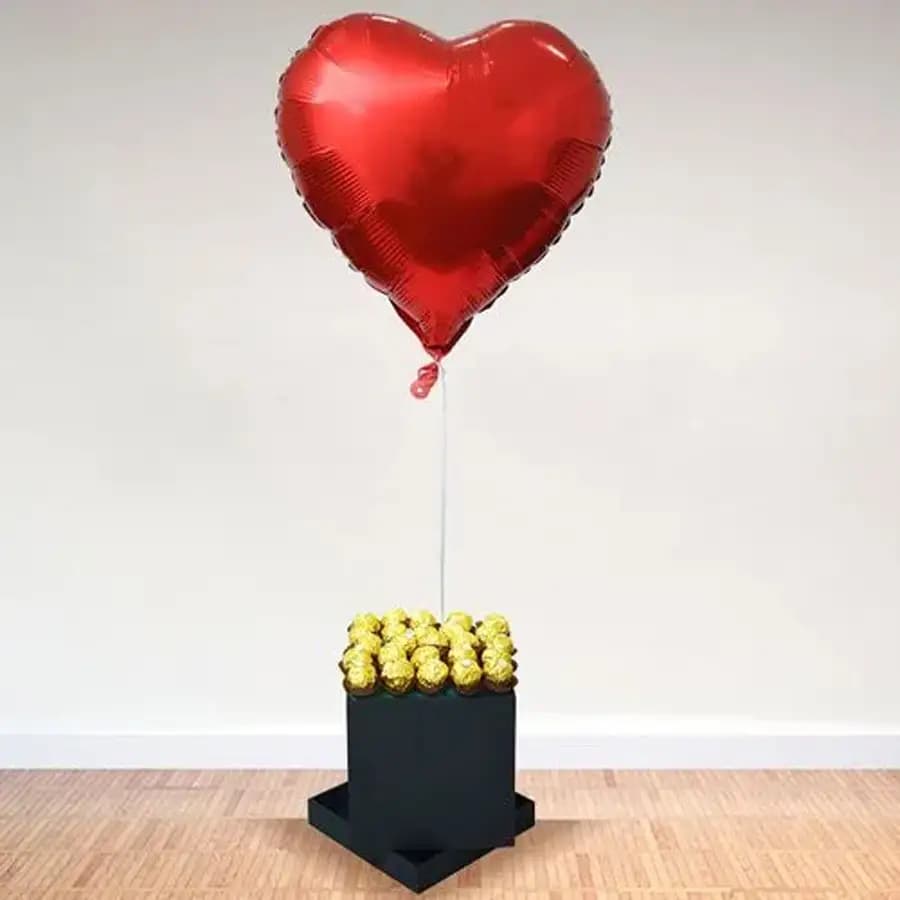 Magnificent Display of Heart Shape Foil Balloon with Ferrero Rocher in Black Box
