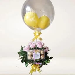 Splendid Basket of Pink Roses Ferrero Rocher n Round Balloon 1