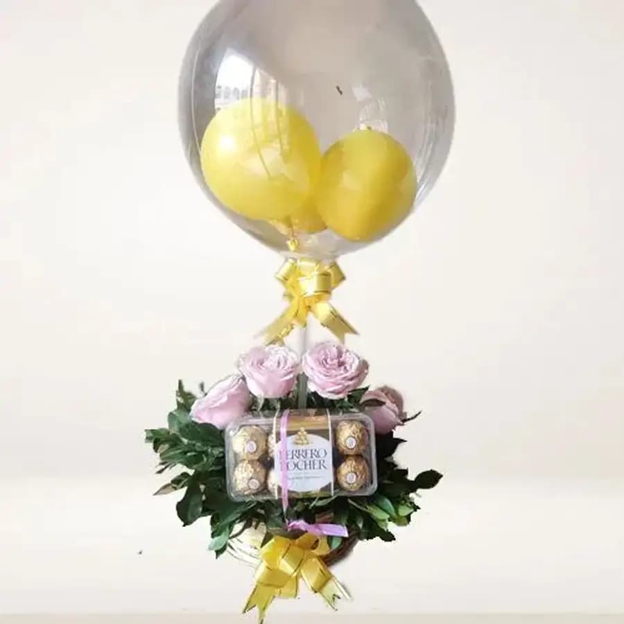 Splendid Basket of Pink Roses Ferrero Rocher n Round Balloon
