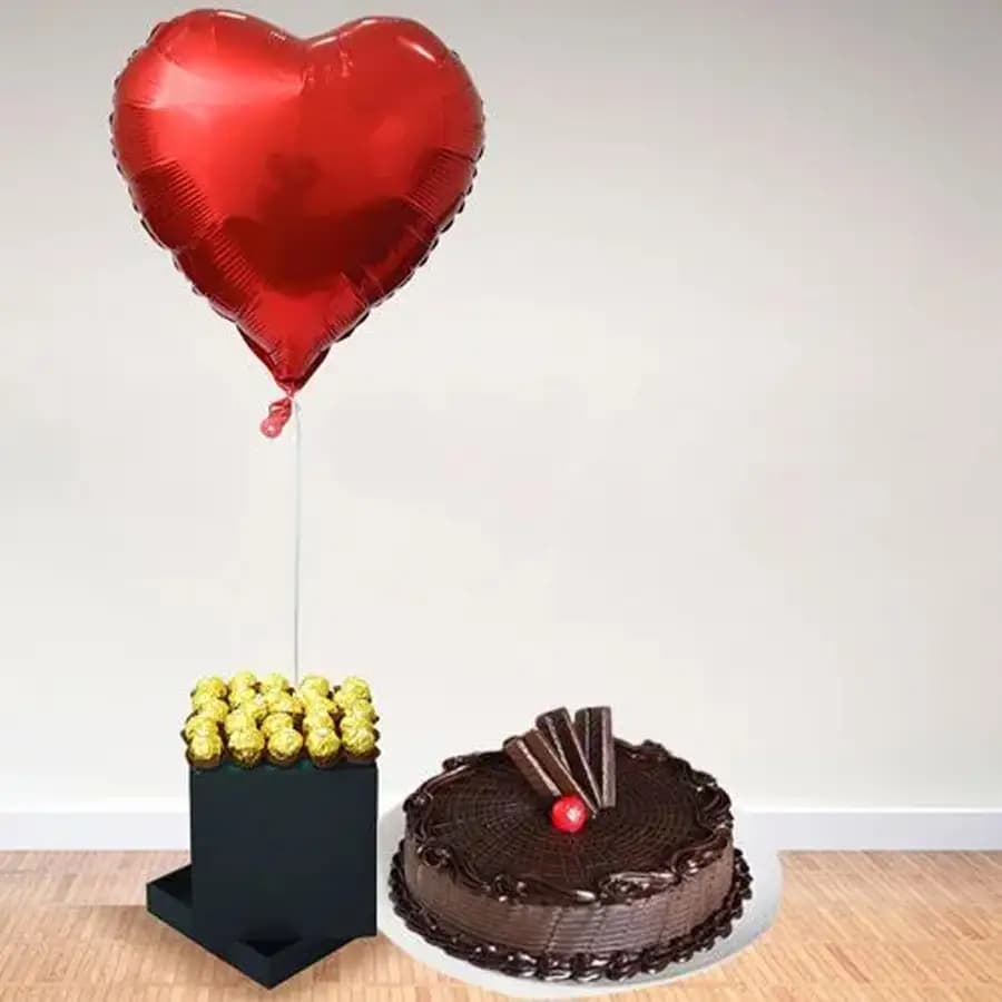 Awesome Ferrero Rocher n Heart Shape Balloon in Black Box with Chocolate Cake