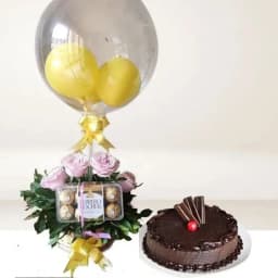 Lovely Pink Roses Ferrero Rocher n Round Balloon in Basket with Chocolate Cake 1