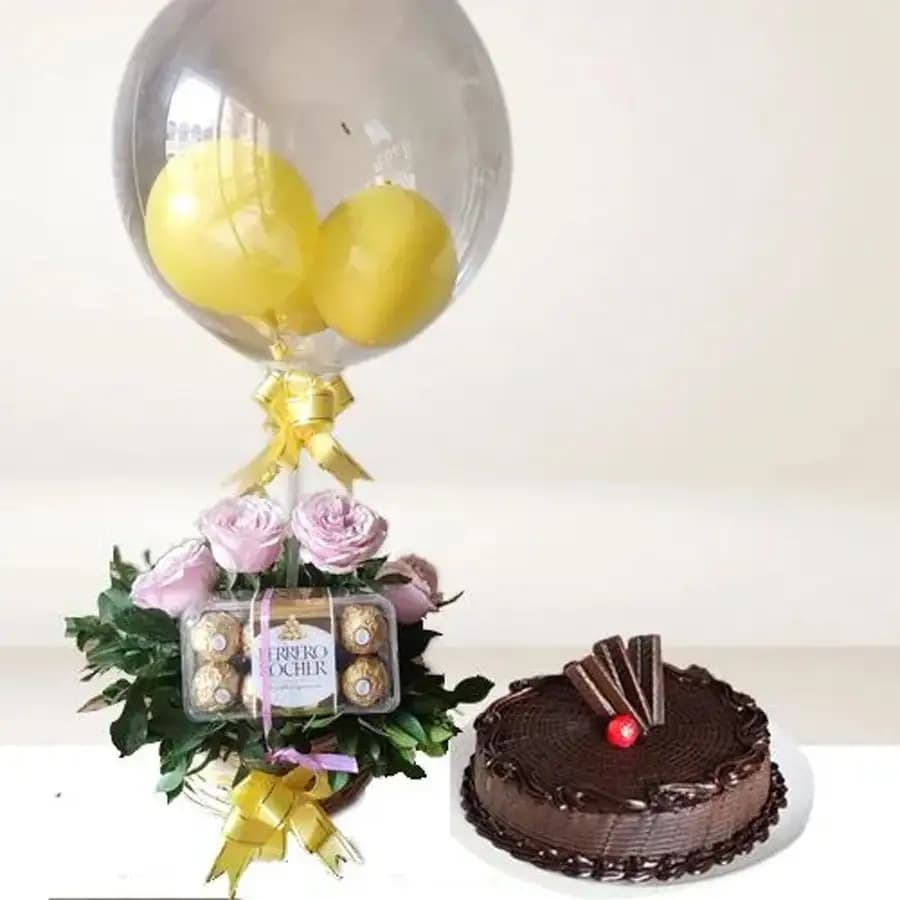 Lovely Pink Roses Ferrero Rocher n Round Balloon in Basket with Chocolate Cake