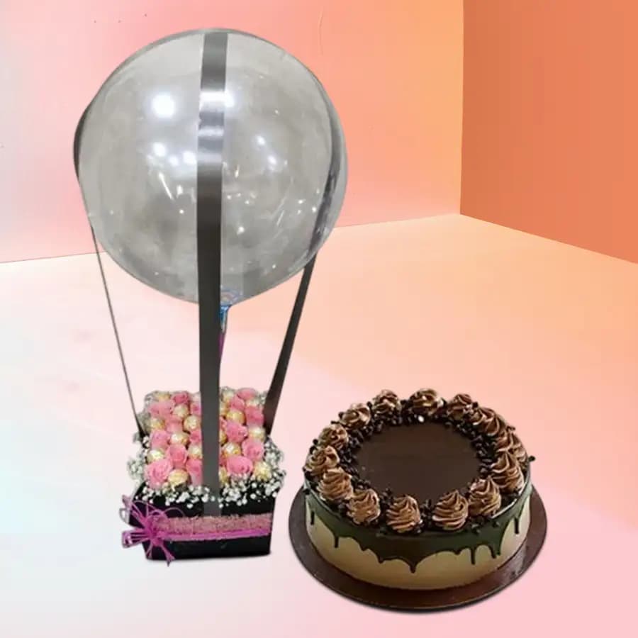 Impressive Selection of Roses Ferrero Rocher n Balloons in Box with Chocolate Cake