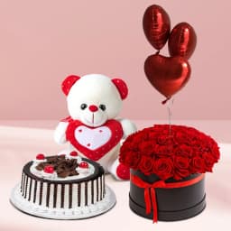 Lovely Red Roses n Heart Balloons in Black Box with Black Forest Cake n Teddy 1