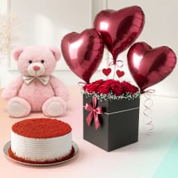 Spectacular Mixed Roses n Love Balloons in Black Box with Red Velvet Cake n Teddy 1